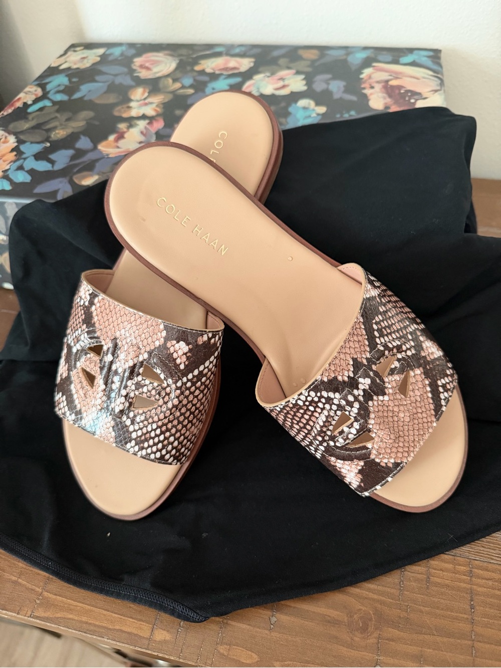 Cole Haan Tan and Brown Leather Snake-Print Slide Mules